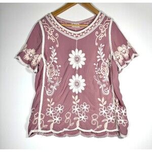 Kindred Blouse Womens 1X Mauve Pink Floral Embroidered Rayon Romantic Boho Top